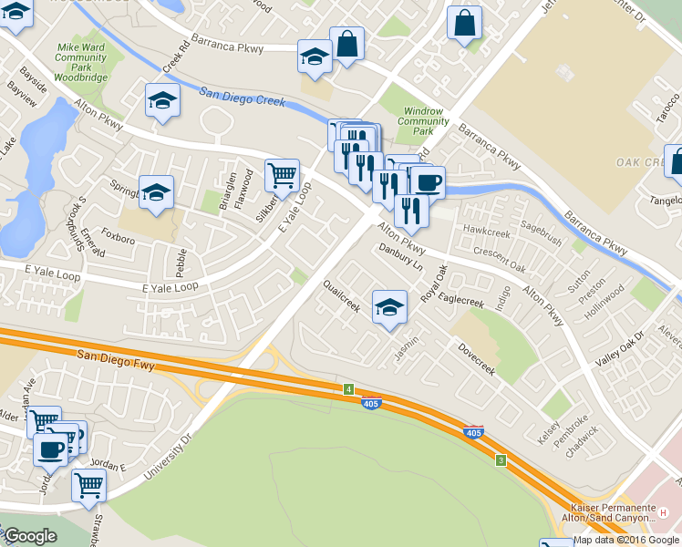 map of restaurants, bars, coffee shops, grocery stores, and more near 425 Sonoma Aisle in Irvine