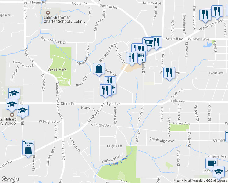 map of restaurants, bars, coffee shops, grocery stores, and more near 3238 Washington Road in Atlanta