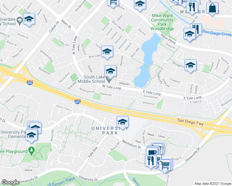 map of restaurants, bars, coffee shops, grocery stores, and more near Thunder Run in Irvine