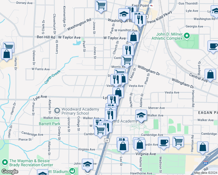 map of restaurants, bars, coffee shops, grocery stores, and more near 1774 Vesta Avenue in Atlanta