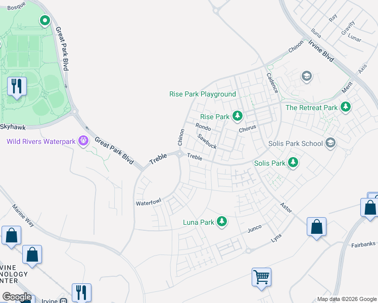 map of restaurants, bars, coffee shops, grocery stores, and more near 426 Treble in Irvine