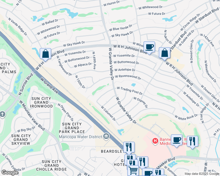 map of restaurants, bars, coffee shops, grocery stores, and more near 20042 North Trading Post Drive in Sun City West