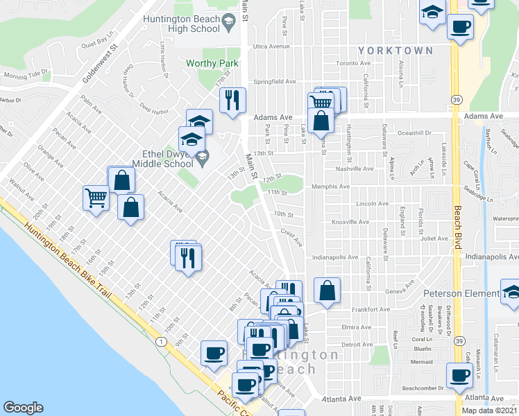 map of restaurants, bars, coffee shops, grocery stores, and more near 816 11th Street in Huntington Beach