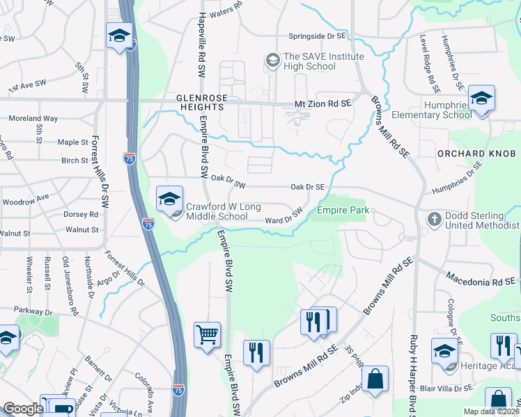 map of restaurants, bars, coffee shops, grocery stores, and more near 111 Ruzelle Drive Southeast in Atlanta
