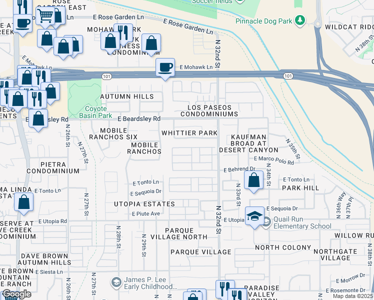 map of restaurants, bars, coffee shops, grocery stores, and more near 19802 North 32nd Street in Phoenix