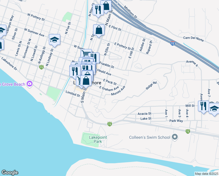 map of restaurants, bars, coffee shops, grocery stores, and more near 254 East Peck Street in Lake Elsinore
