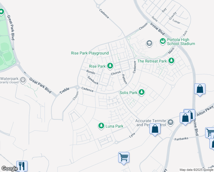 map of restaurants, bars, coffee shops, grocery stores, and more near in Irvine