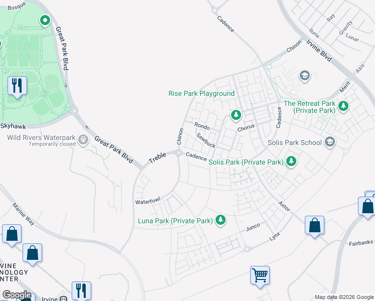 map of restaurants, bars, coffee shops, grocery stores, and more near in Irvine