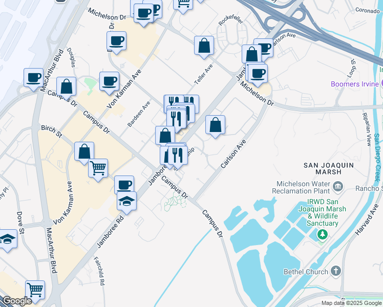 map of restaurants, bars, coffee shops, grocery stores, and more near 1100 Diploma in Irvine