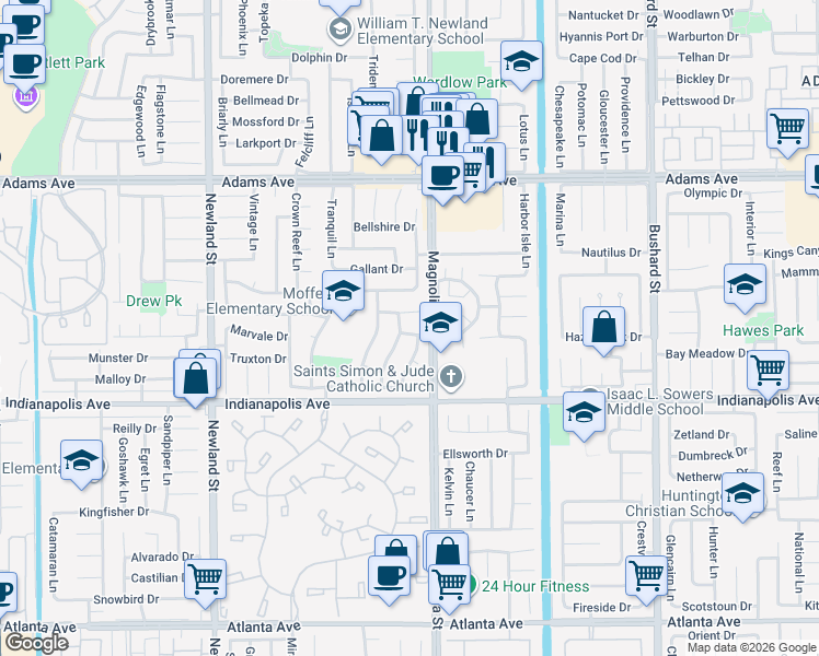 map of restaurants, bars, coffee shops, grocery stores, and more near 8921 Bedel Drive in Huntington Beach