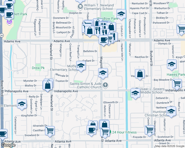 map of restaurants, bars, coffee shops, grocery stores, and more near 8921 Bedel Drive in Huntington Beach