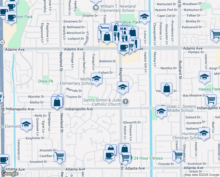 map of restaurants, bars, coffee shops, grocery stores, and more near 8921 Bedel Drive in Huntington Beach