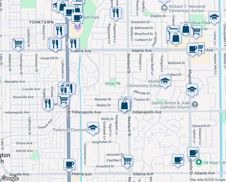 map of restaurants, bars, coffee shops, grocery stores, and more near 20312 Beam Circle in Huntington Beach