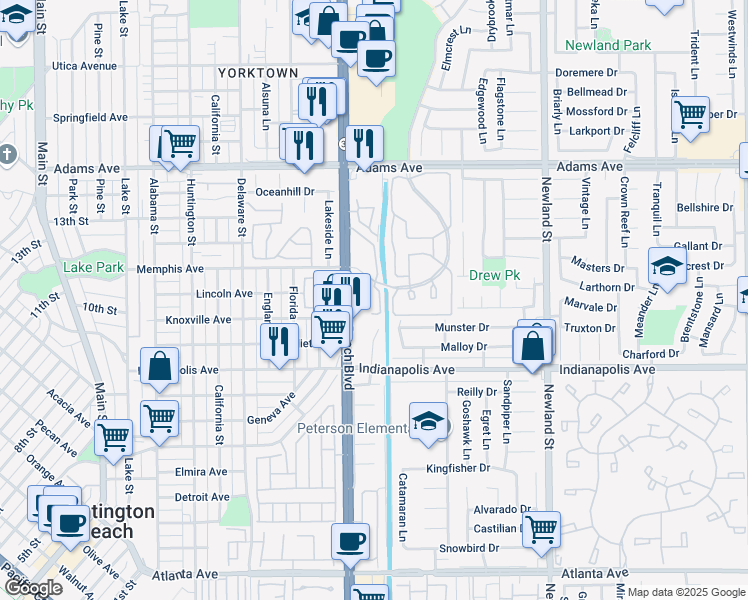 map of restaurants, bars, coffee shops, grocery stores, and more near 20362 Bridgeside Lane in Huntington Beach