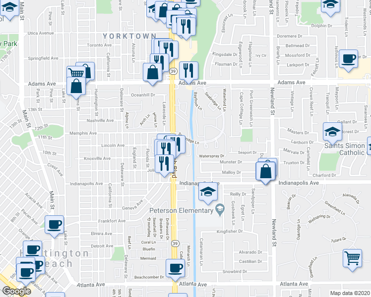 map of restaurants, bars, coffee shops, grocery stores, and more near 20362 Bridgeside Lane in Huntington Beach