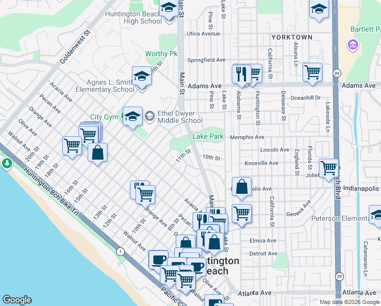 map of restaurants, bars, coffee shops, grocery stores, and more near 828 11th Street in Huntington Beach