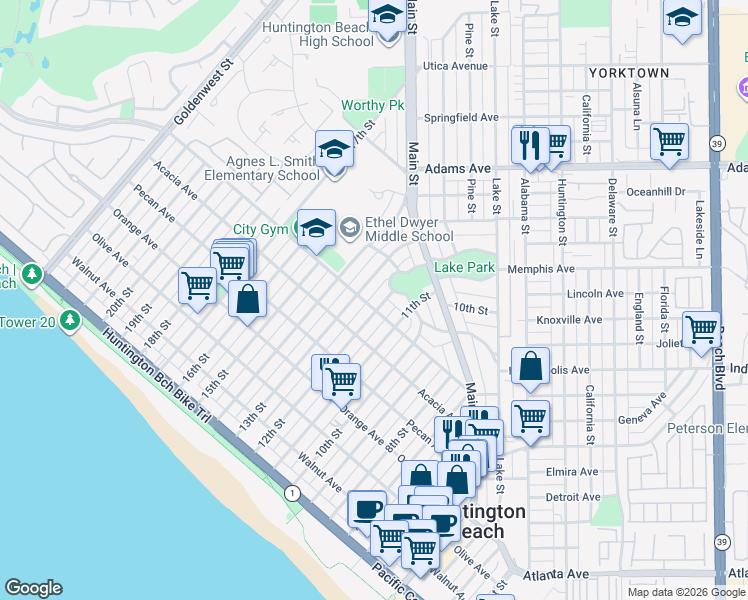 map of restaurants, bars, coffee shops, grocery stores, and more near 1220 Palm Avenue in Huntington Beach