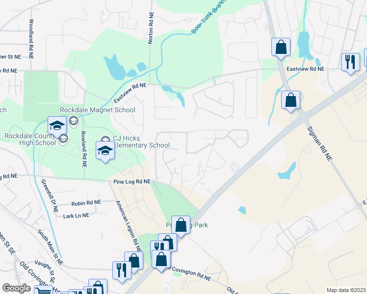 map of restaurants, bars, coffee shops, grocery stores, and more near 1016 Weatherwood Place Northeast in Conyers