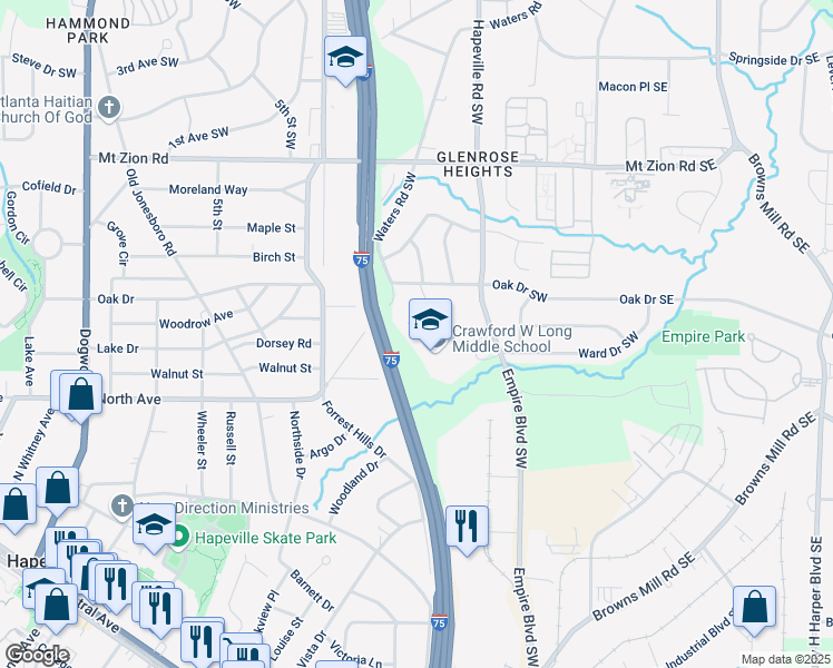 map of restaurants, bars, coffee shops, grocery stores, and more near 180 Wallace Drive Southwest in Atlanta