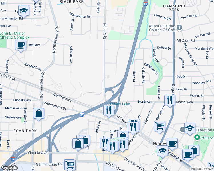 map of restaurants, bars, coffee shops, grocery stores, and more near 3120 Sylvan Road in Hapeville