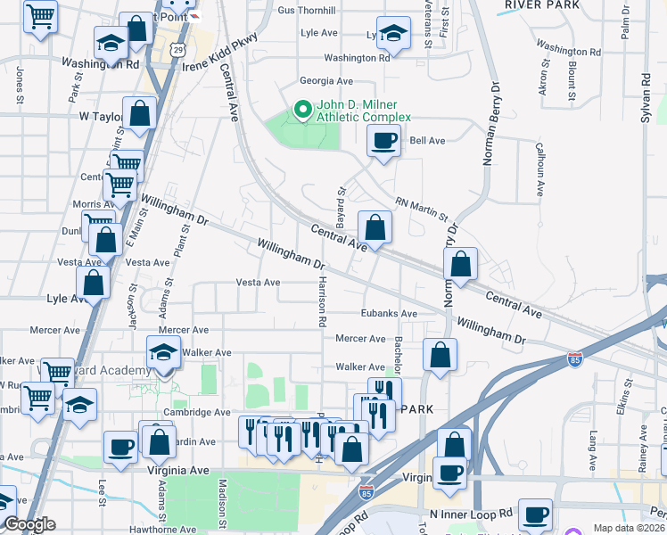 map of restaurants, bars, coffee shops, grocery stores, and more near 1389 Willingham Drive in East Point