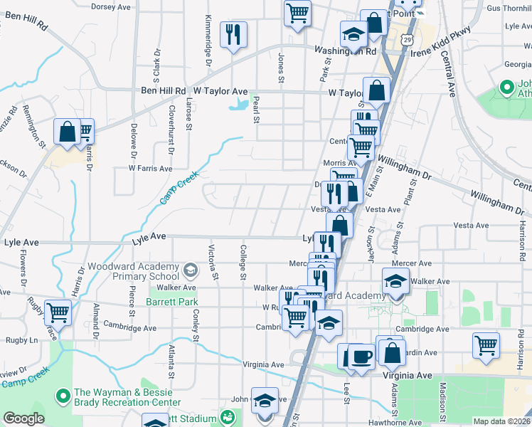map of restaurants, bars, coffee shops, grocery stores, and more near 1858 Vesta Avenue in College Park