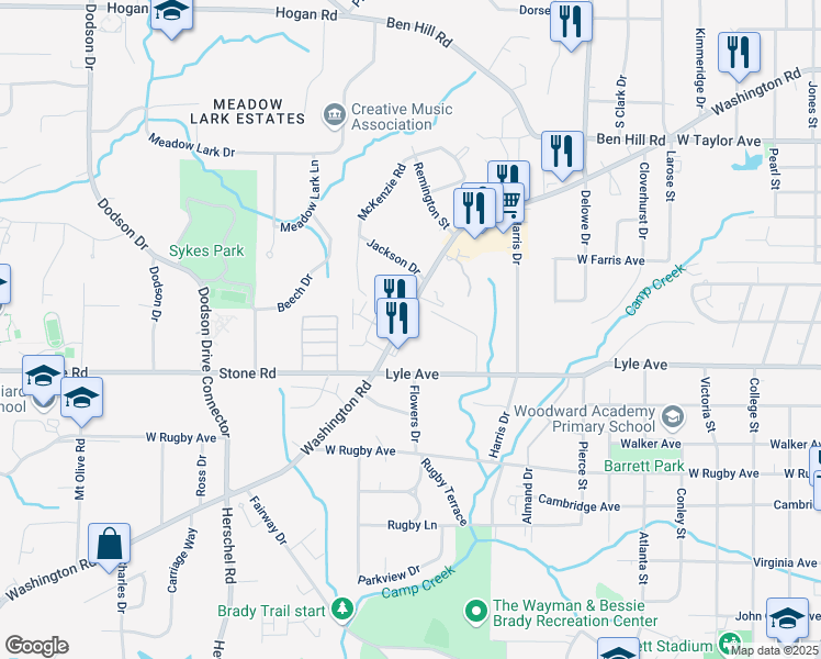 map of restaurants, bars, coffee shops, grocery stores, and more near 3238 Washington Road in Atlanta