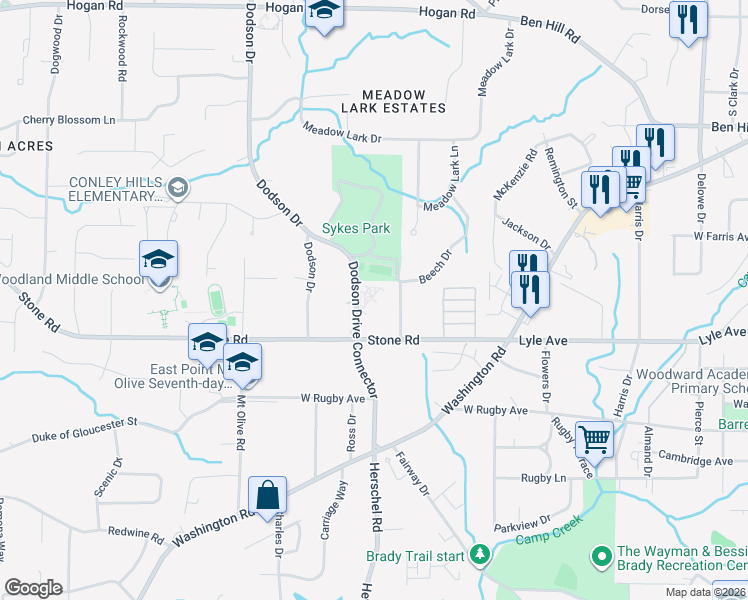 map of restaurants, bars, coffee shops, grocery stores, and more near 3240 Dodson Drive Connector in East Point