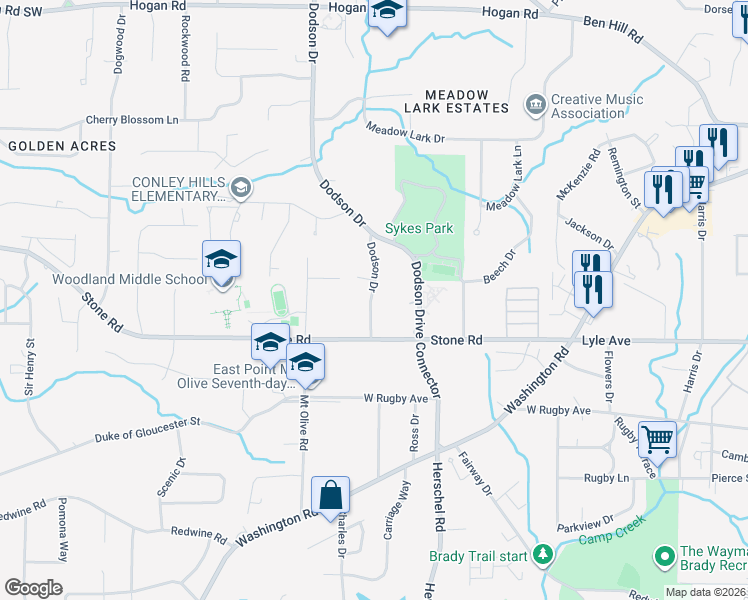 map of restaurants, bars, coffee shops, grocery stores, and more near 3242 Dodson Drive in Atlanta
