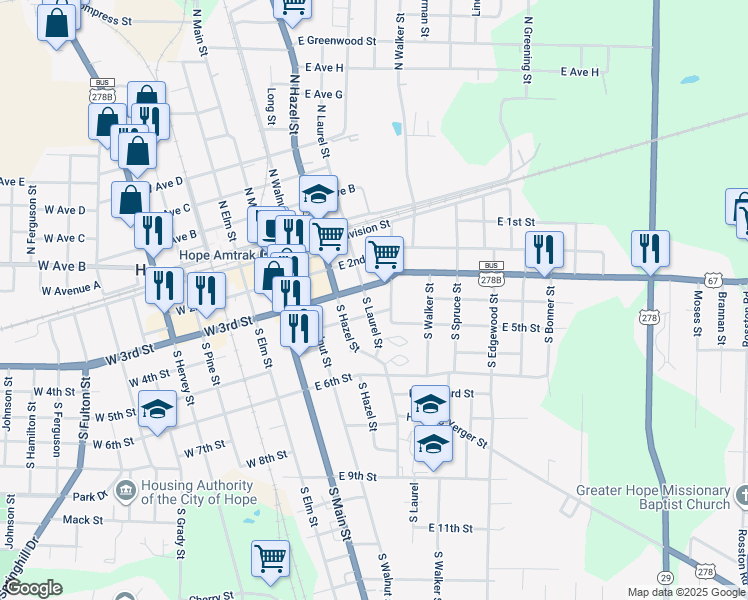 map of restaurants, bars, coffee shops, grocery stores, and more near 320 South Laurel Street in Hope