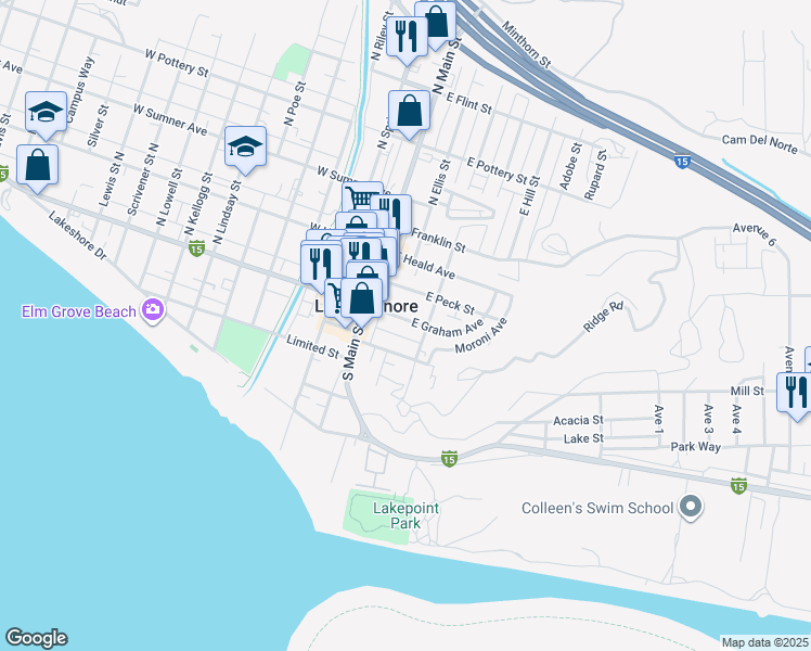 map of restaurants, bars, coffee shops, grocery stores, and more near 212 East Graham Avenue in Lake Elsinore