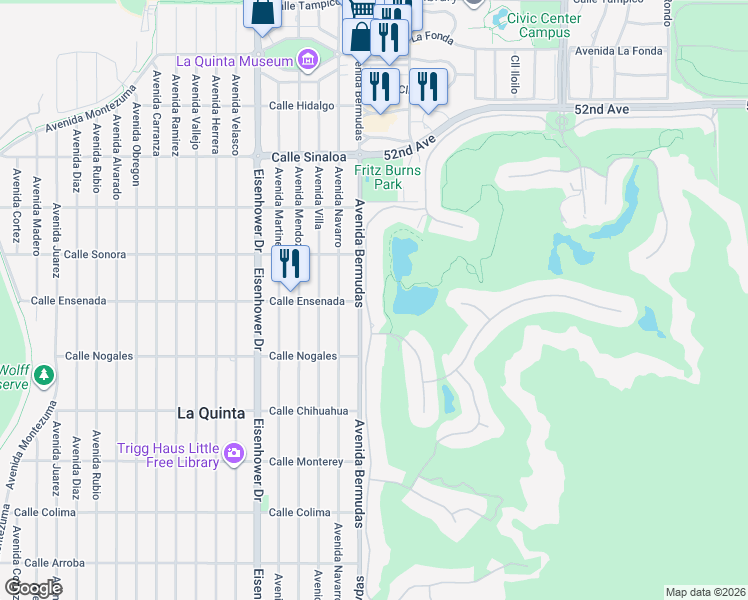 map of restaurants, bars, coffee shops, grocery stores, and more near 52590 Del Gato Drive in La Quinta