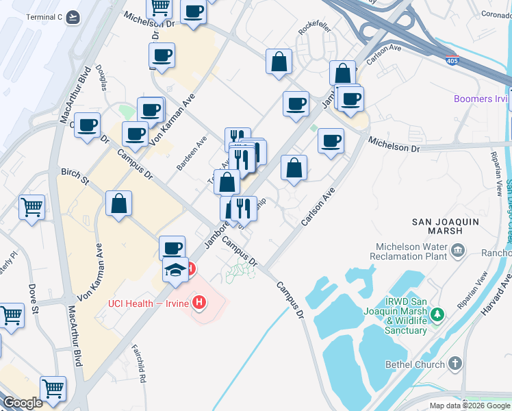map of restaurants, bars, coffee shops, grocery stores, and more near 1470 Scholarship in Irvine