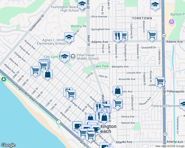 map of restaurants, bars, coffee shops, grocery stores, and more near 828 11th Street in Huntington Beach