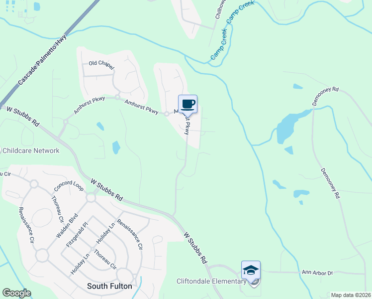 map of restaurants, bars, coffee shops, grocery stores, and more near 3030 Amhurst Parkway in Atlanta