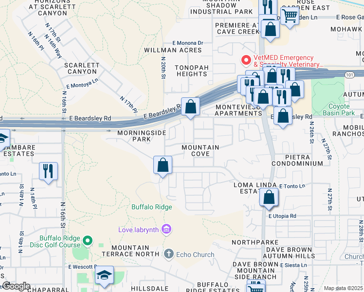 map of restaurants, bars, coffee shops, grocery stores, and more near 2039 East Escuda Road in Phoenix