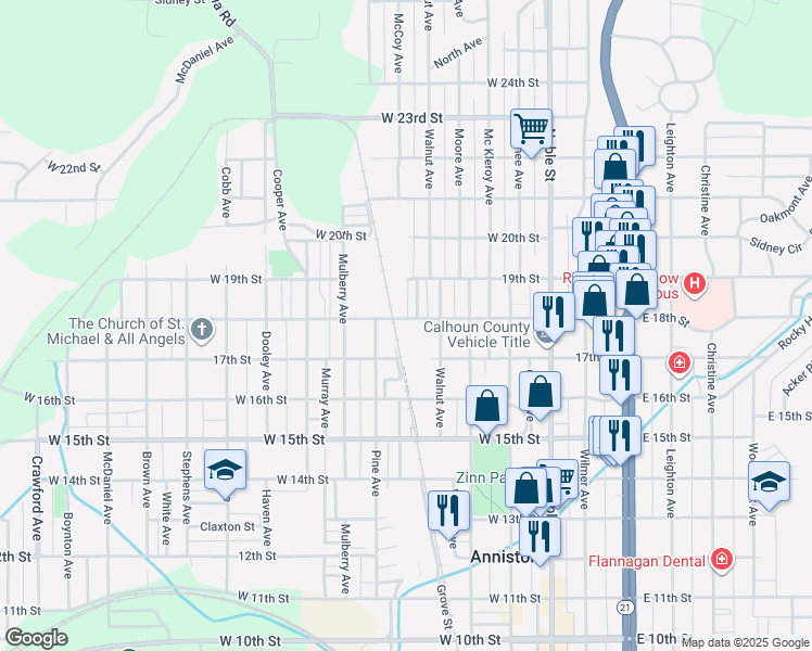map of restaurants, bars, coffee shops, grocery stores, and more near 412 West 18th Street in Anniston