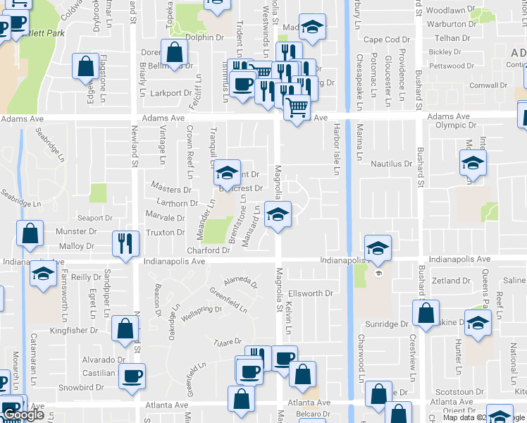 map of restaurants, bars, coffee shops, grocery stores, and more near 8921 Bedel Drive in Huntington Beach