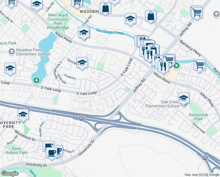 map of restaurants, bars, coffee shops, grocery stores, and more near 401 East Yale Loop in Irvine