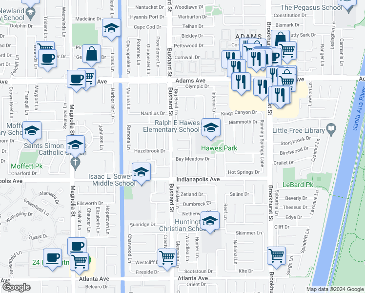map of restaurants, bars, coffee shops, grocery stores, and more near 9551 Zion Circle in Huntington Beach