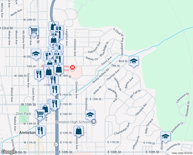 map of restaurants, bars, coffee shops, grocery stores, and more near 1736 Rocky Hollow Road in Anniston