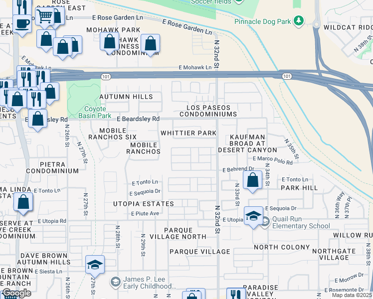 map of restaurants, bars, coffee shops, grocery stores, and more near 19802 North 32nd Street in Phoenix