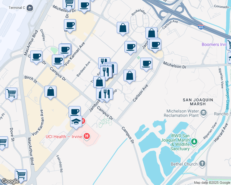 map of restaurants, bars, coffee shops, grocery stores, and more near 1100 Diploma in Irvine
