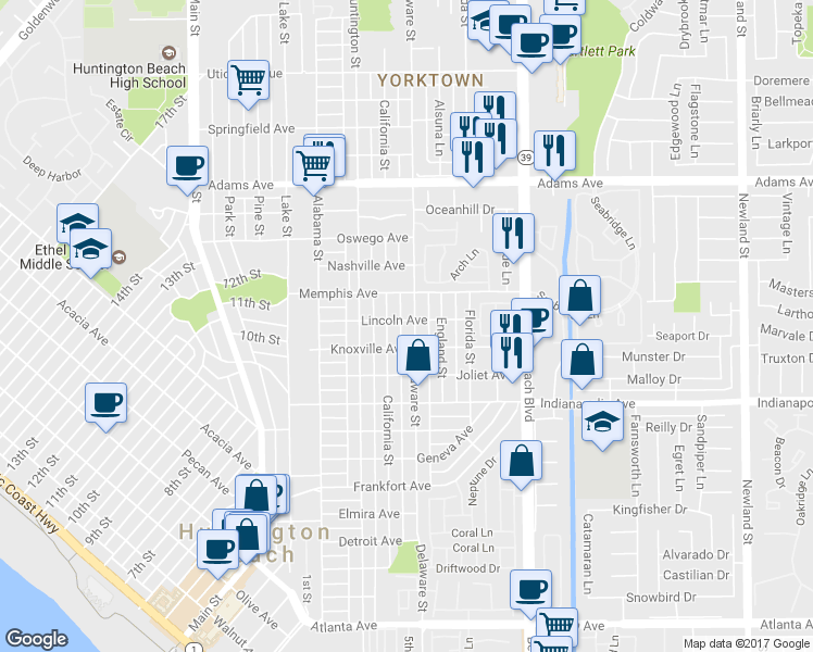 map of restaurants, bars, coffee shops, grocery stores, and more near 1117 Delaware Street in Huntington Beach