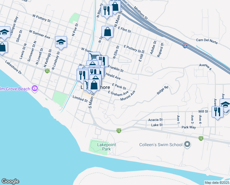 map of restaurants, bars, coffee shops, grocery stores, and more near 2 North Chestnut Street in Lake Elsinore