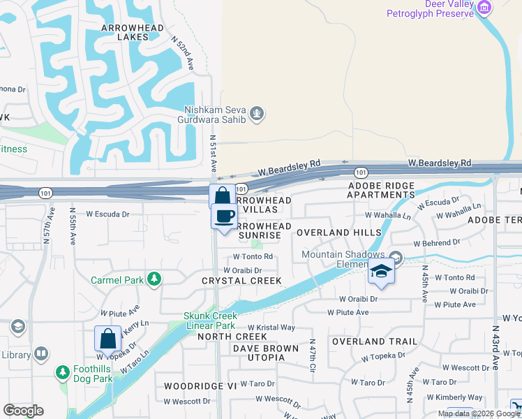 map of restaurants, bars, coffee shops, grocery stores, and more near 4943 West Escuda Drive in Glendale