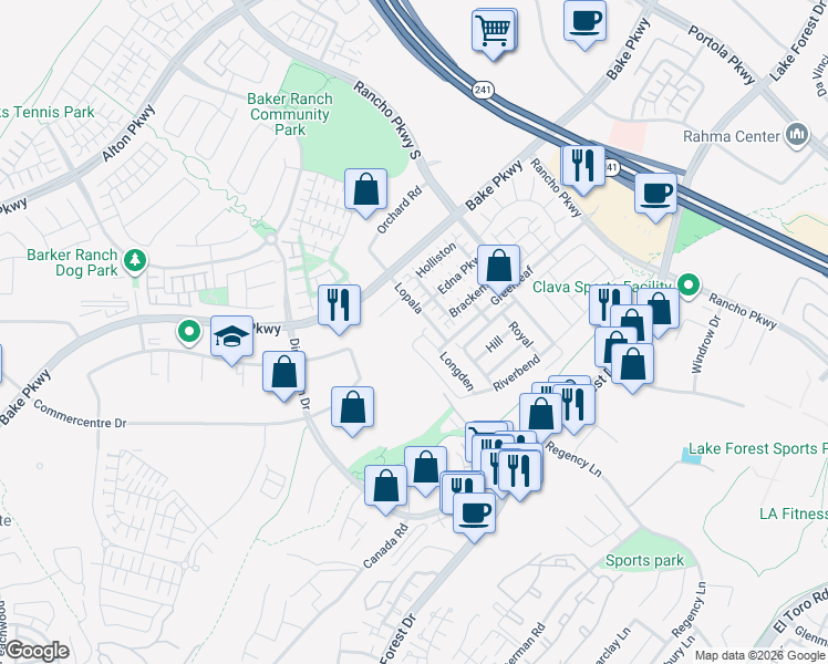map of restaurants, bars, coffee shops, grocery stores, and more near 26237 Enterprise Way in Lake Forest