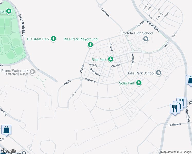 map of restaurants, bars, coffee shops, grocery stores, and more near 105 Sawbuck in Irvine