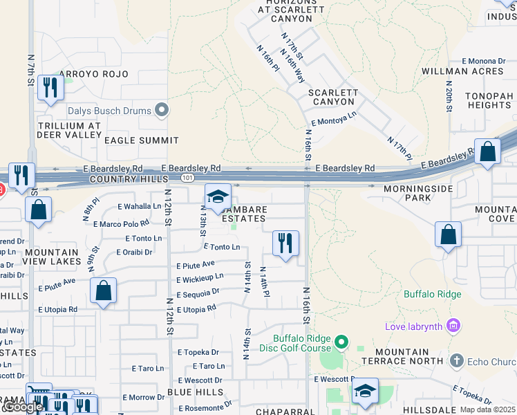 map of restaurants, bars, coffee shops, grocery stores, and more near 19844 North 14th Place in Phoenix