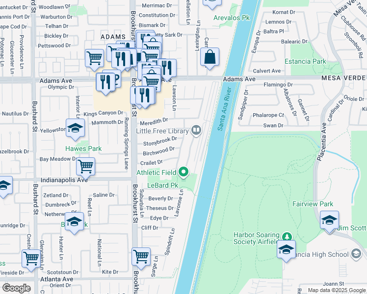 map of restaurants, bars, coffee shops, grocery stores, and more near 20342 Craimer Lane in Huntington Beach